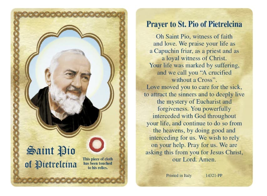 Saint Padre Pio Relic Prayer Card