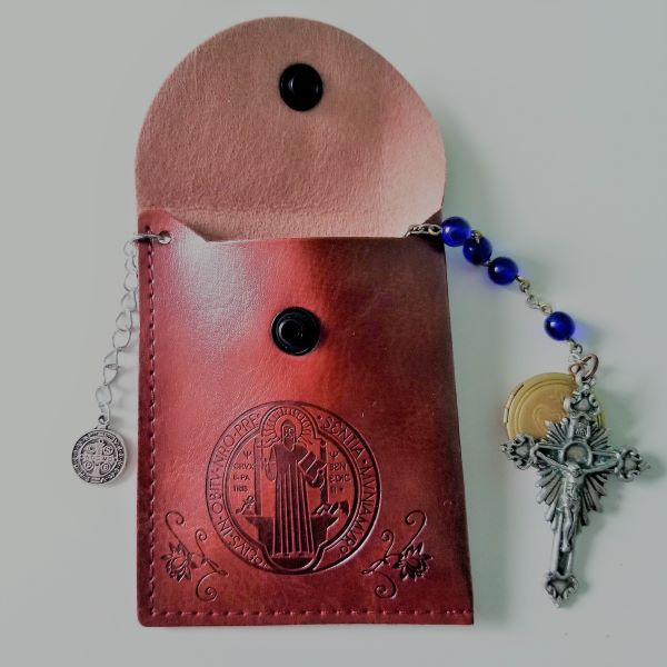 Saint Benedict Leather Rosary Bead Pouch